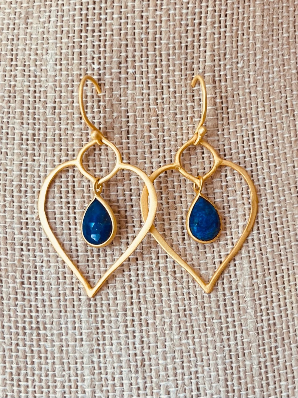 Gold Heart Dangle Earrings with Blue Teardrop Stone